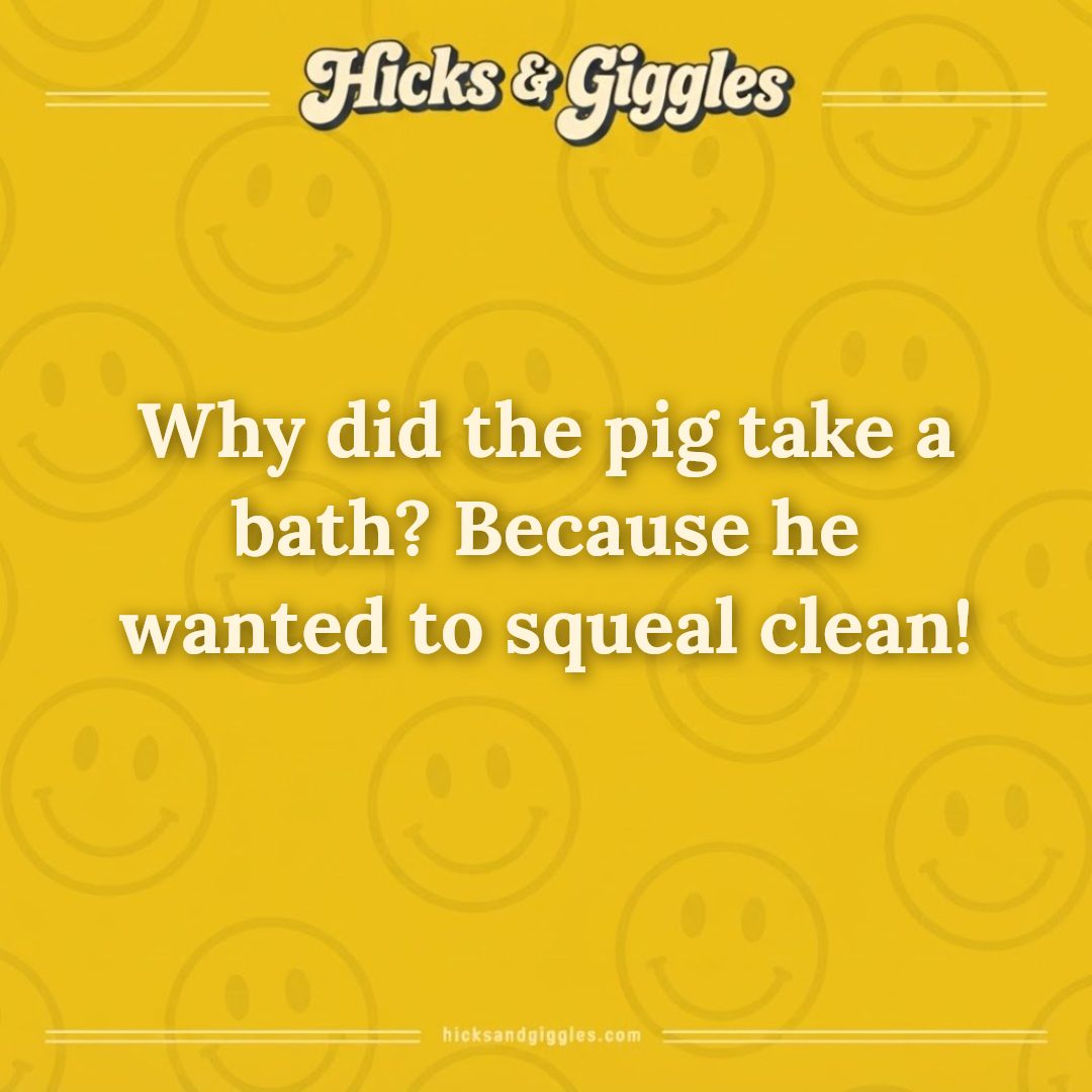 Hicks and Giggles Joke of the Day card: Why did the pig take a bath? Because he wanted to squeal clean!
