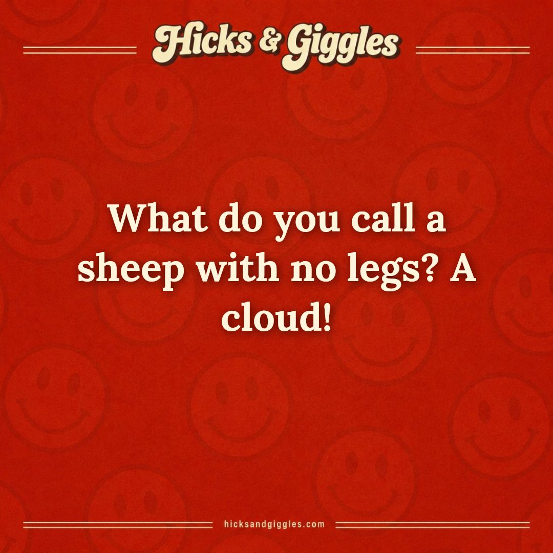 Hicks and Giggles Joke of the Day card: What do you call a sheep with no legs? A cloud!