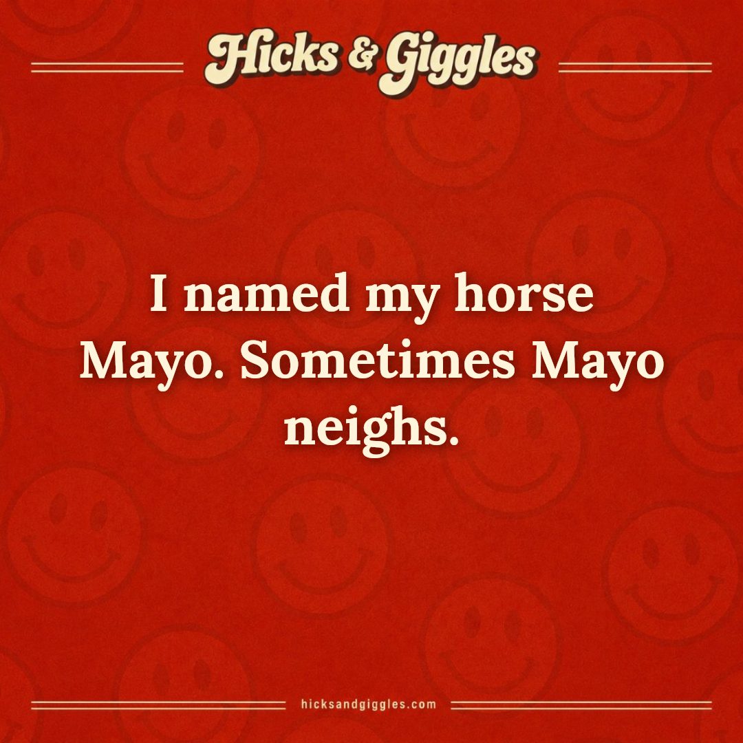 Hicks and Giggles Joke of the Day card: I named my horse Mayo. Sometimes Mayo neighs.