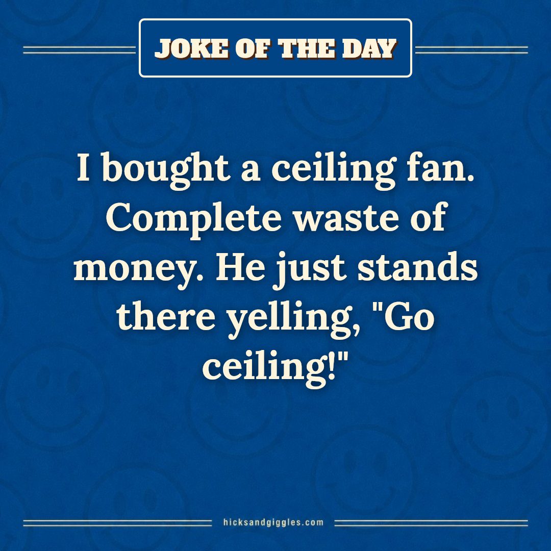 Hicks and Giggles Joke of the Day card: I bought a ceiling fan. Complete waste of money. He just stands there yelling, "Go ceiling!"